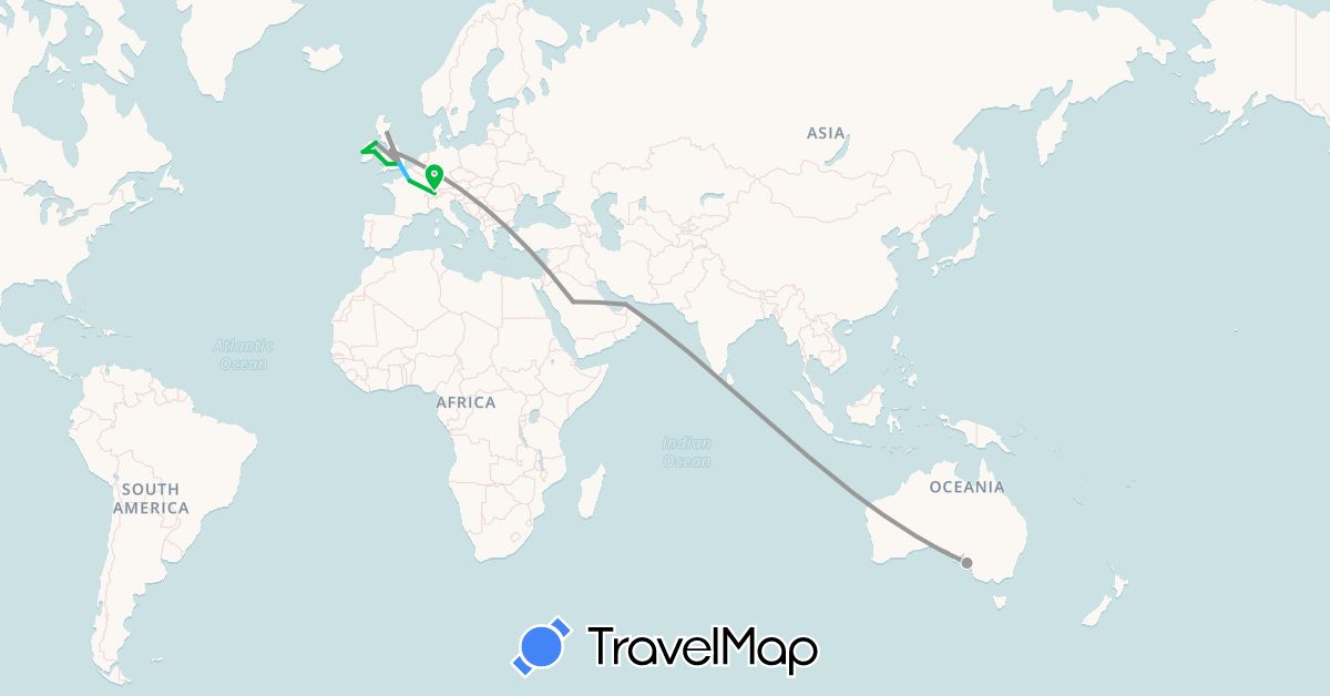 TravelMap itinerary: driving, bus, plane, boat in United Arab Emirates, Australia, Switzerland, France, United Kingdom, Ireland, Saudi Arabia (Asia, Europe, Oceania)